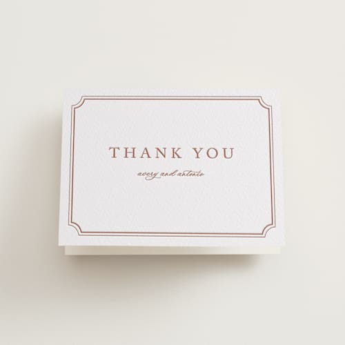 This is a cinnamon wedding thank you cards with letterpress by Jennifer Postorino called avery printing on coventry320 in standard