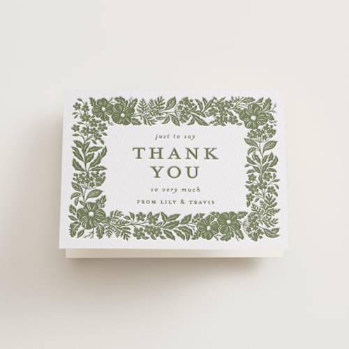 This is a artichoke wedding thank you cards with letterpress by Sarah Knight called ethereal gardens printing on coventry320 in standard