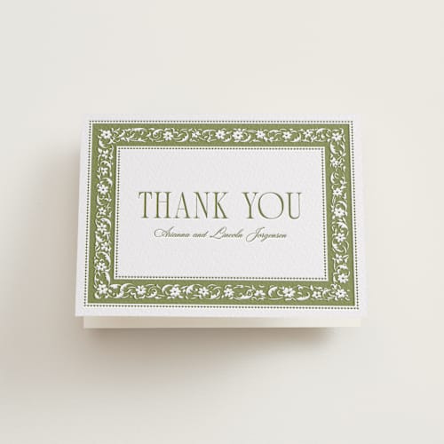 This is a olive | evergreen wedding thank you cards with letterpress by Robert and Stella called darcy printing on coventry320 in standard