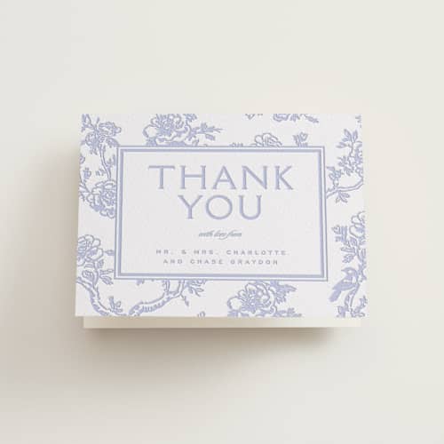 This is a vista wedding thank you cards with letterpress by Jenna Holcomb called classic toile printing on coventry320 in standard