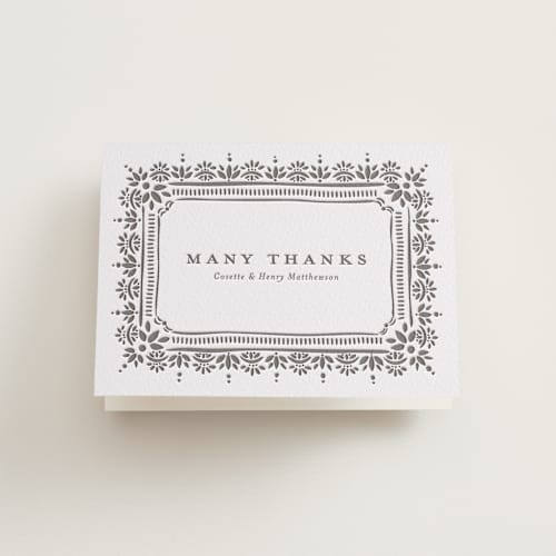 This is a graphite wedding thank you cards with letterpress by Melanie Kosuge called cosette printing on coventry320 in standard