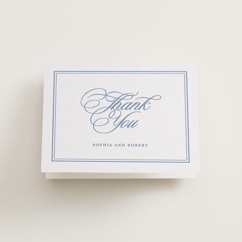 This is a pacific blue wedding thank you cards with letterpress by Creo Study called posh printing on coventry320 in standard