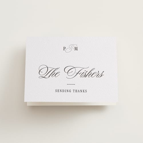 This is a soft black wedding thank you cards with letterpress by Leah Bisch called outlined printing on coventry320 in standard