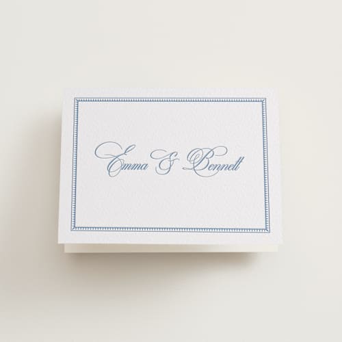 This is a pacific blue wedding thank you cards with letterpress by Megan Davis called maison printing on coventry320 in standard