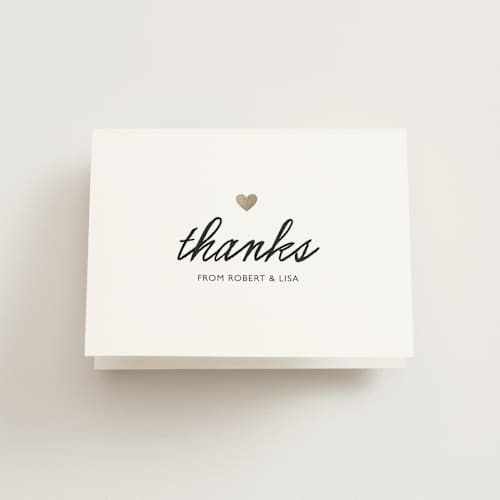 This is a gold wedding thank you cards with standard by Beth Schneider called small heart printing on strathmore in standard