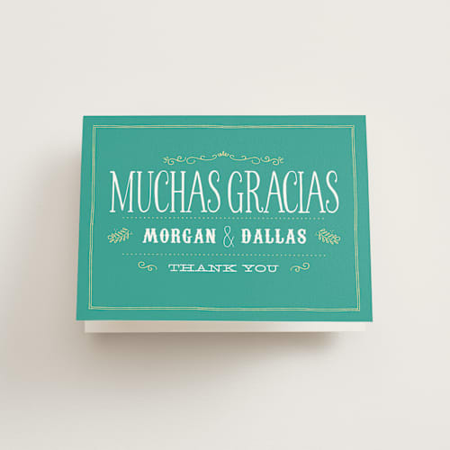 This is a teal wedding thank you cards with standard by Beth Ann called sangria, salsa, engagement fiesta printing on strathmore in standard