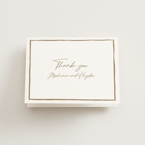 This is a champagne wedding thank you cards with standard by Cass Loh called gilded frame printing on strathmore in standard