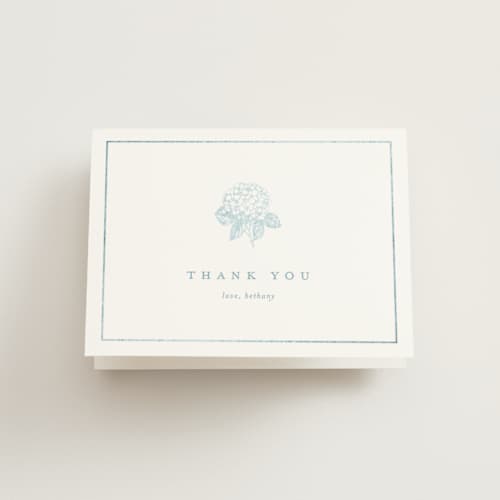 This is a seaside wedding thank you cards with foil pressed by Stacey Meacham called hydrangea bloom printing on strathmore in standard