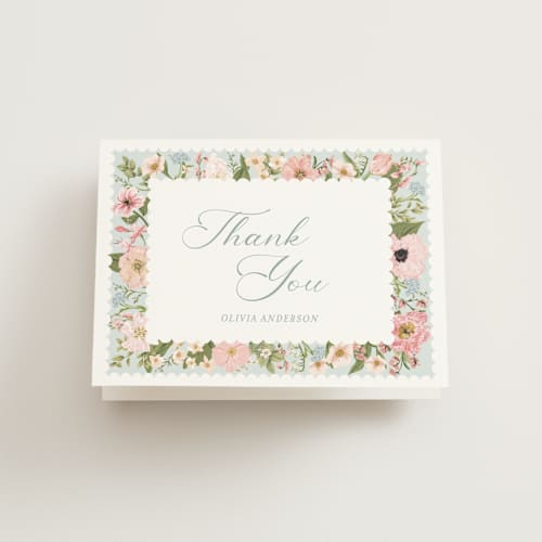 This is a blush bridal shower thank you cards with standard by Susan Moyal called blooming printing on strathmore in standard