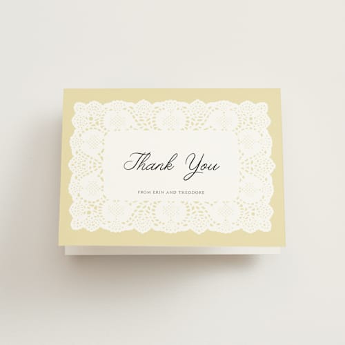 This is a butter bridal shower thank you cards with standard by Studio Suku called lace printing on strathmore in standard