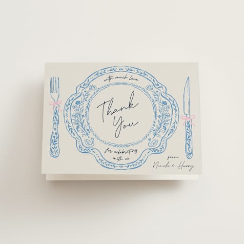 This is a porcelain bridal shower thank you cards with standard by Elly called wine & dine printing on strathmore in standard