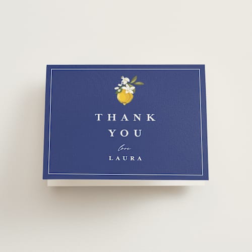 This is a cerulean bridal shower thank you cards with standard by Susan Moyal called amore floral printing on strathmore in standard