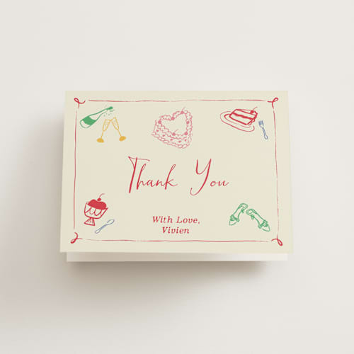This is a fruitcake bridal shower thank you cards with standard by Sarah Rosenthal called heights of love printing on strathmore in standard