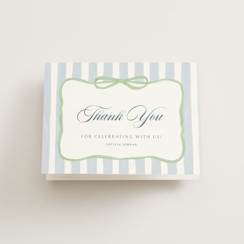 This is a mint bridal shower thank you cards with standard by Pati Cascino called celina printing on strathmore in standard
