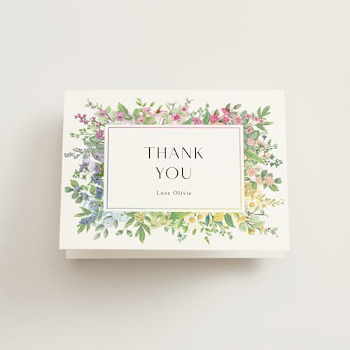 This is a cotton bridal shower thank you cards with standard by Susan Moyal called flower garden printing on strathmore in standard