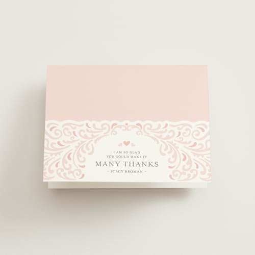 This is a pink bridal shower thank you cards with standard by Mandy Rider called elegant piping printing on strathmore in standard