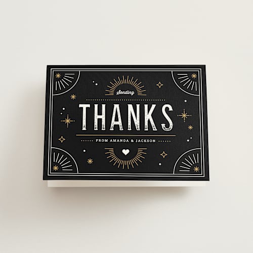 This is a golden wedding thank you cards with standard by Kristen Smith called golden glitz printing on strathmore in standard