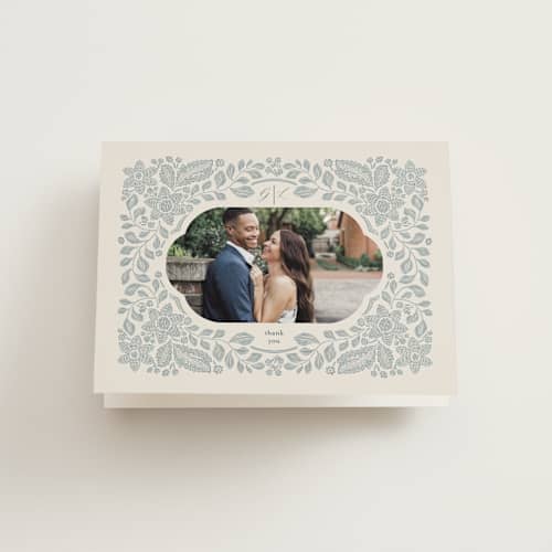 This is a dusty blue wedding thank you cards with standard by Jen Owens called embroidered printing on strathmore in standard