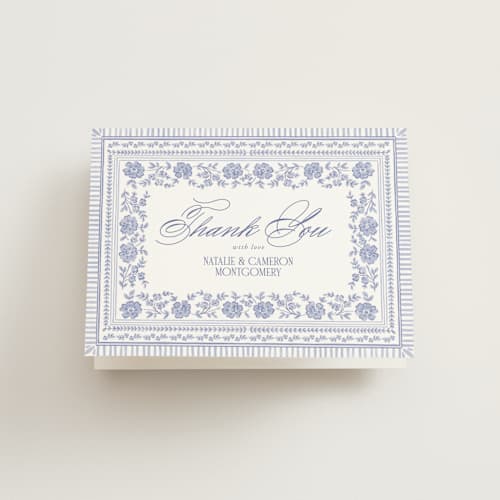 This is a cerulean wedding thank you cards with standard by Jenna Holcomb called embroidered printing on strathmore in standard