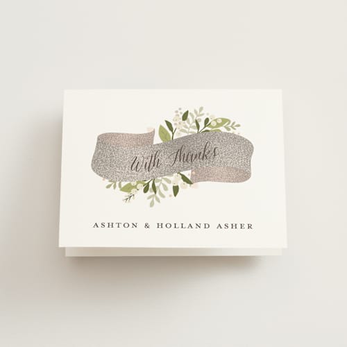 This is a blush wedding thank you cards with standard by Jennifer Wick called ribbonly printing on strathmore in standard