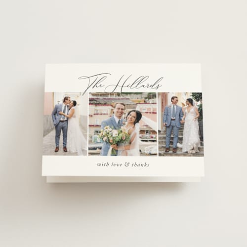 This is a soft black wedding thank you cards with standard by Jennifer Postorino called love story printing on strathmore in standard