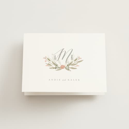This is a peach wedding thank you cards with standard by Lori Wemple called monogram floral printing on strathmore in standard
