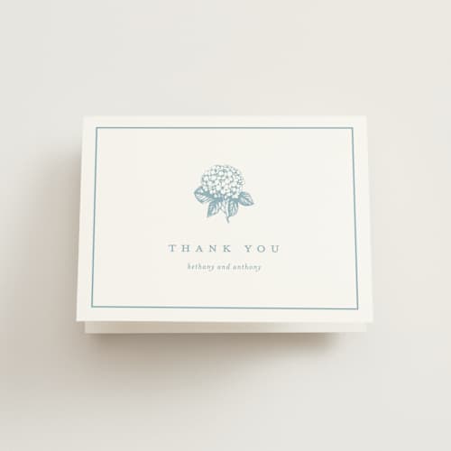 This is a seaside wedding thank you cards with standard by Stacey Meacham called hydrangea bloom printing on strathmore in standard