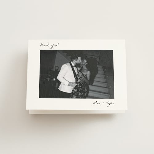 This is a snow wedding thank you cards with standard by Brittney Jensen called polaroid printing on strathmore in standard