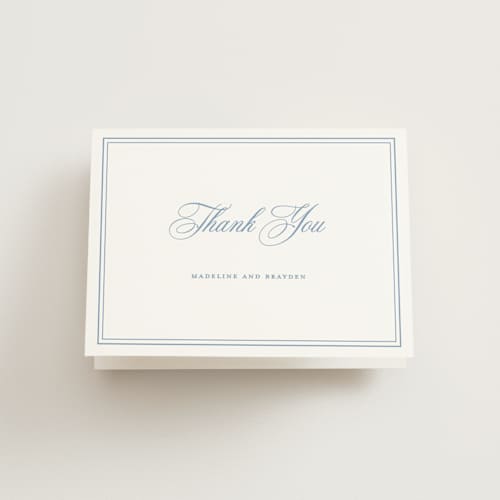 This is a provincial blue wedding thank you cards with standard by Melinda Denison called the chapel printing on strathmore in standard