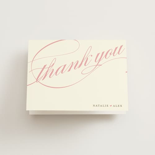 This is a petal pink wedding thank you cards with standard by Annie Clark called winter flourish printing on strathmore in standard