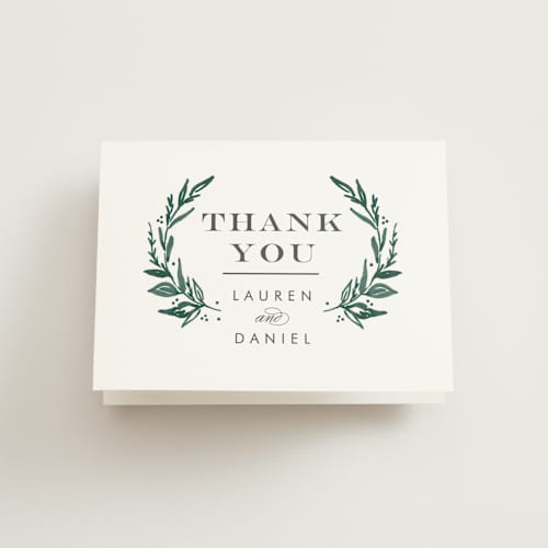 This is a forest green wedding thank you cards with standard by Alethea and Ruth called elegant crest printing on strathmore in standard