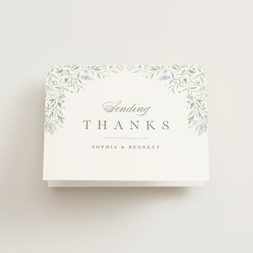 This is a periwinkle wedding thank you cards with standard by Kristen Smith called delicate vines printing on strathmore in standard