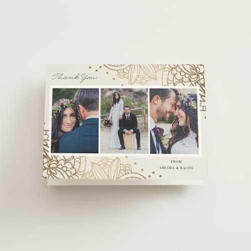 This is a champagne wedding thank you cards with foil pressed by Oma N. Ramkhelawan called elegant henna printing on strathmore in standard