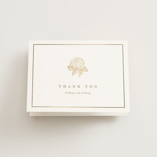 This is a cotton wedding thank you cards with foil pressed by Stacey Meacham called hydrangea bloom printing on strathmore in standard