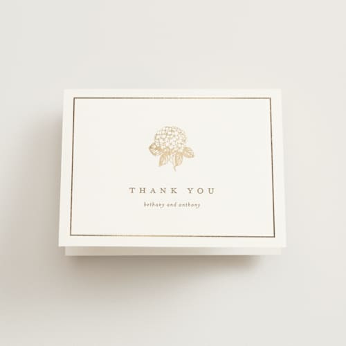 This is a cotton wedding thank you cards with foil pressed by Stacey Meacham called hydrangea bloom printing on strathmore in standard