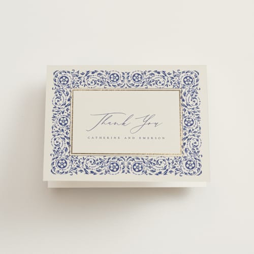 This is a dynasty blue wedding thank you cards with foil pressed by Ana de Sousa called tiled romance printing on strathmore in standard