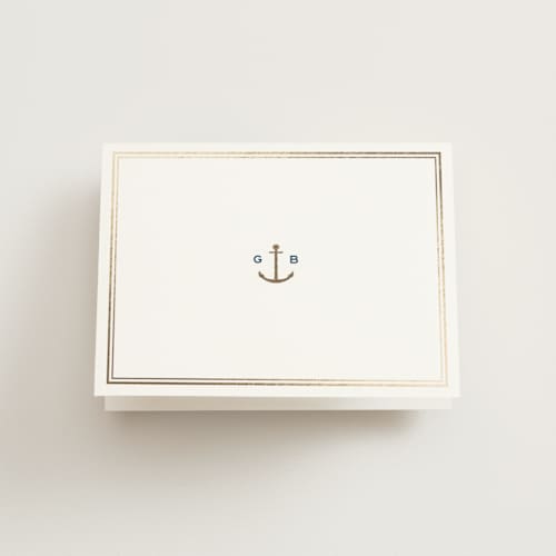This is a royal navy wedding thank you cards with foil pressed by Olivia Raufman called anchored printing on strathmore in standard