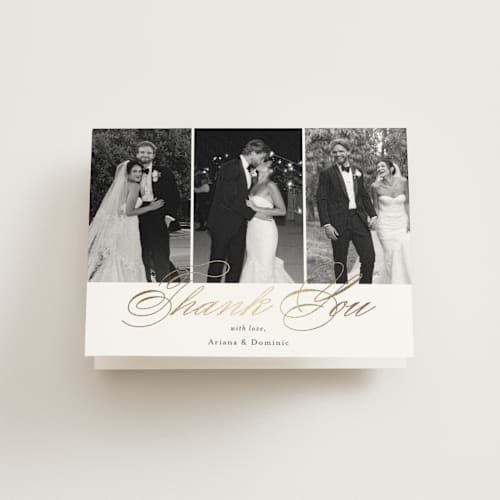 This is a cotton wedding thank you cards with foil pressed by Jennifer Postorino called gilded ampersand printing on strathmore in standard