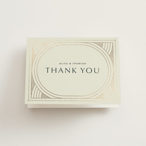 This is a fir wedding thank you cards with foil pressed by Kindred Fields called deco arch printing on strathmore in standard