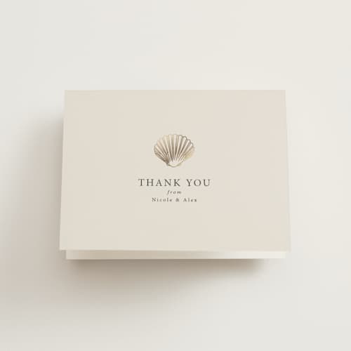 This is a sand wedding thank you cards with foil pressed by Hannah Bowman called simple seashell printing on strathmore in standard