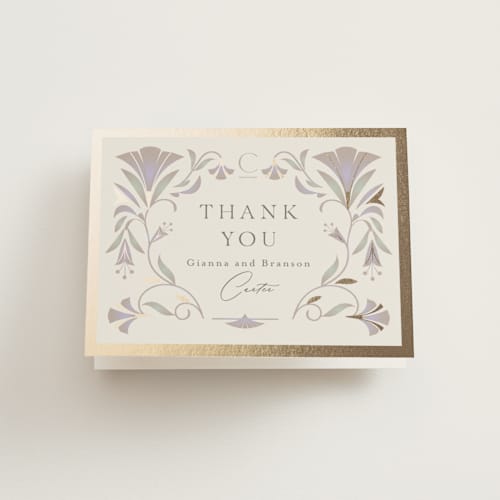 This is a vanilla wedding thank you cards with foil pressed by Lori Wemple called deco nouveau printing on strathmore in standard
