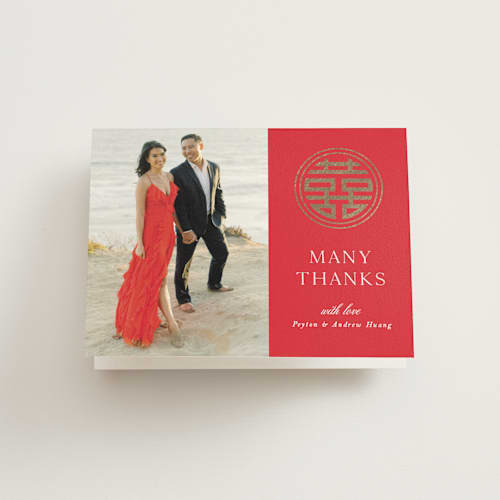 This is a ruby wedding thank you cards with foil pressed by Melanie Kosuge called happiness x 2 printing on strathmore in standard