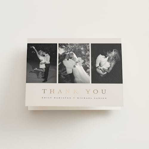 This is a sand wedding thank you cards with foil pressed by Nicole Walsh called elegant trio printing on strathmore in standard