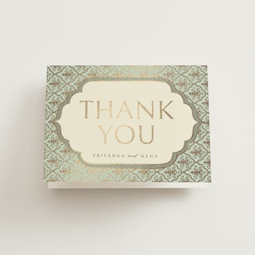 This is a aqua wedding thank you cards with foil pressed by Pati Cascino called aatreya printing on strathmore in standard