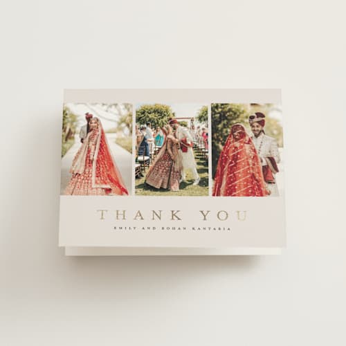 This is a sand wedding thank you cards with foil pressed by Nicole Walsh called elegant trio printing on strathmore in standard