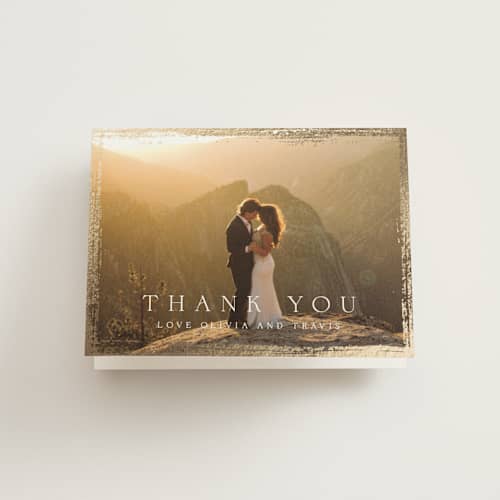 This is a silk wedding thank you cards with foil pressed by Kelly Schmidt called brushed edge printing on strathmore in standard