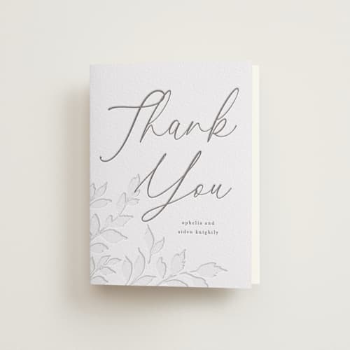 This is a graphite wedding thank you cards with letterpress by Wildfield Paper Co called vine printing on coventry320 in standard