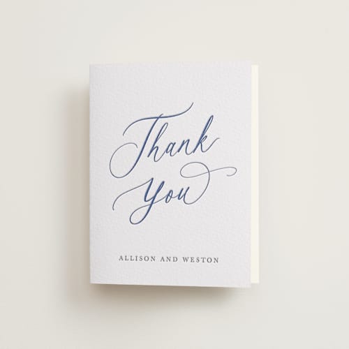 This is a lapis | smoke wedding thank you cards with letterpress by Hooray Creative called statement names printing on coventry320 in standard