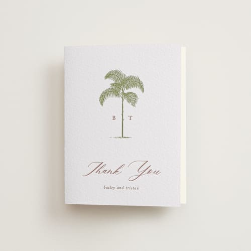 This is a olive | cinnamon wedding thank you cards with letterpress by Melinda Denison called palm printing on coventry320 in standard