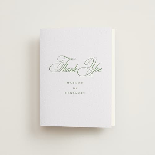 This is a evergreen wedding thank you cards with letterpress by Kelly Schmidt called chic script printing on coventry320 in standard